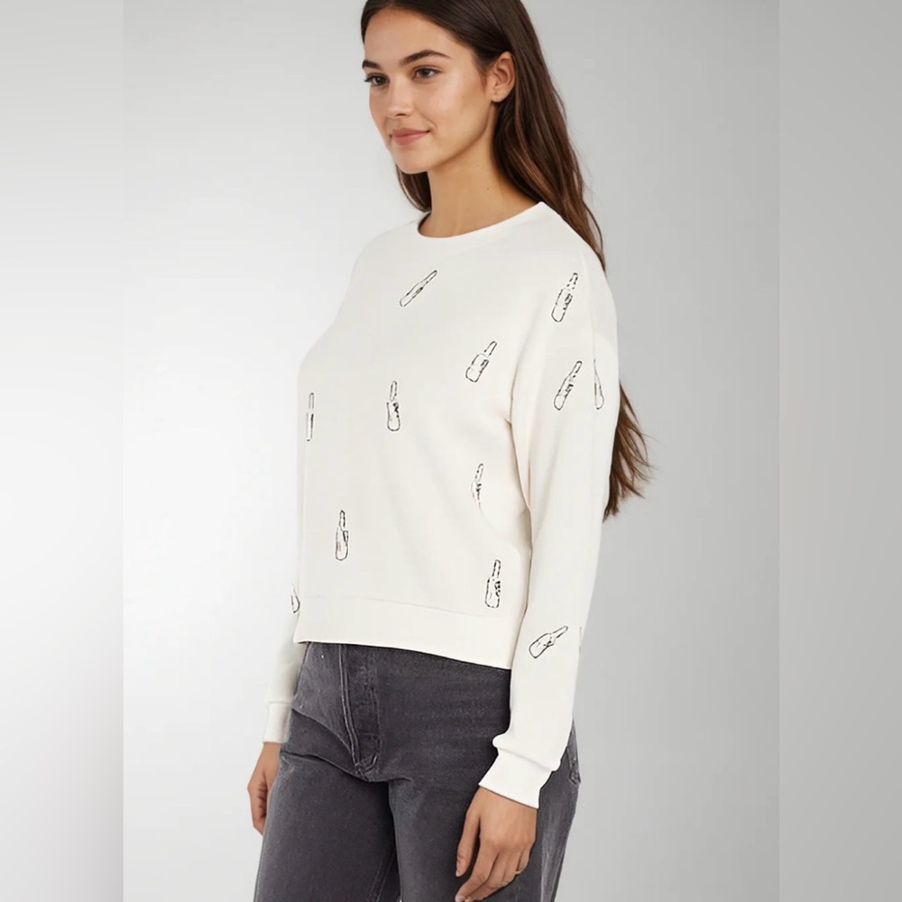 Wildfox Cream Crewneck Sweater with Black Lipstick Motif